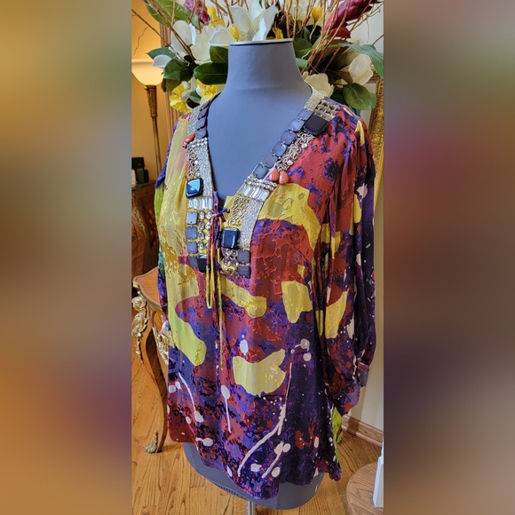 $395 NWOT MAGASCHONI BLOUSE TUNIC TOP EMBELLISHED JEWELED V NECK 3/4 SLEEVE XL - Picture 9 of 11